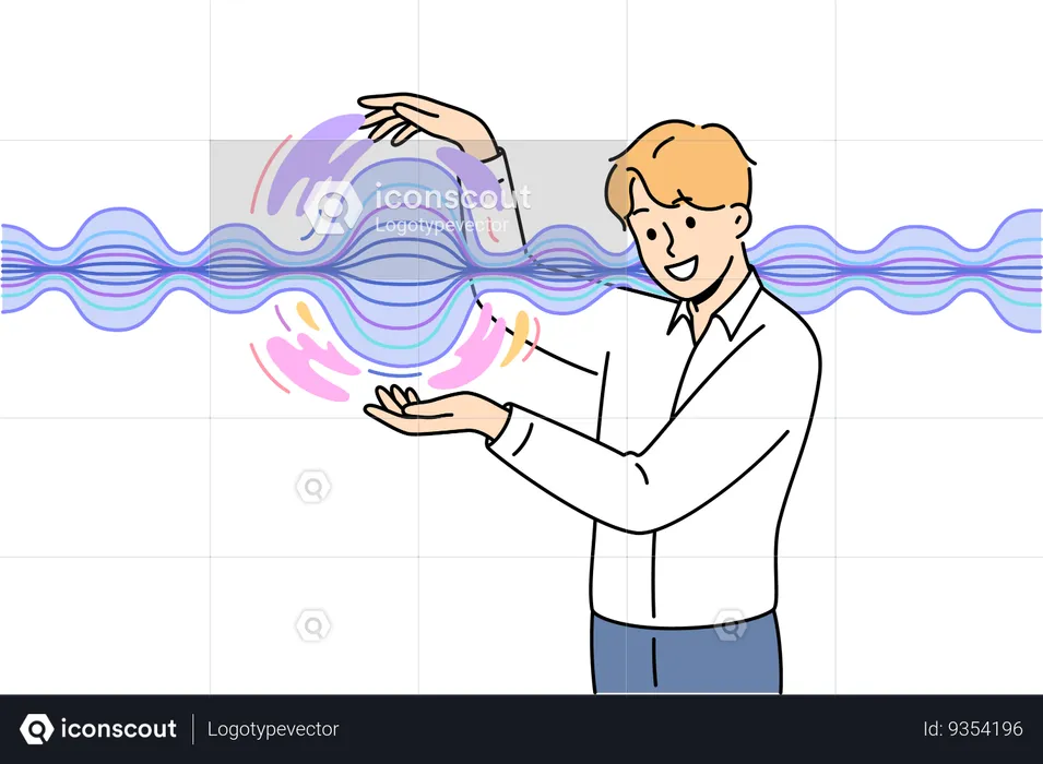 Hombre parado cerca de una onda de energía y demostrando los resultados de experimentos científicos sobre fenómenos físicos  Ilustración