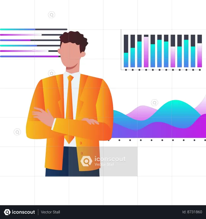 Hombre parado frente al gráfico de negocios  Ilustración