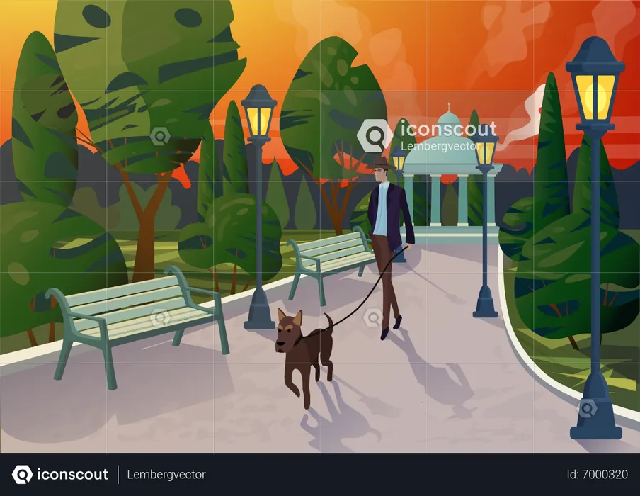 Hombre paseando a un perro en el parque  Ilustración