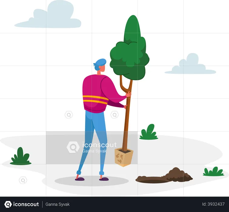 Hombre plantando árboles al suelo en el jardín  Ilustración