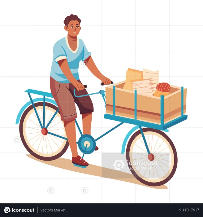 Hombre pobre vendiendo artículos para el hogar en bicicleta  Ilustración