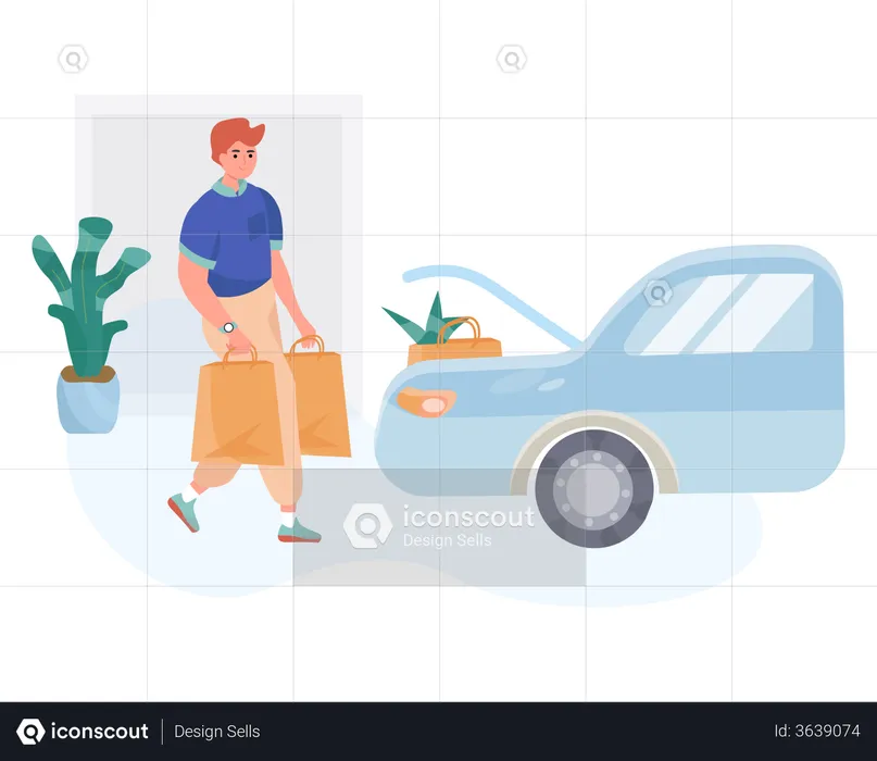 Hombre poniendo bolsa de compras en el coche  Ilustración