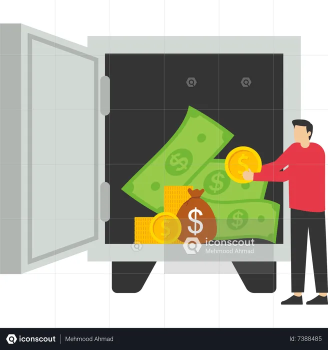 Hombre poniendo dinero en caja fuerte  Ilustración