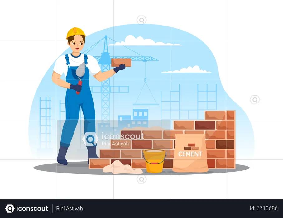 Hombre poniendo ladrillos para hacer pared de ladrillos  Ilustración