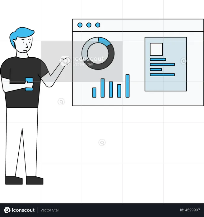 Hombre que presenta el gráfico de análisis de datos  Ilustración