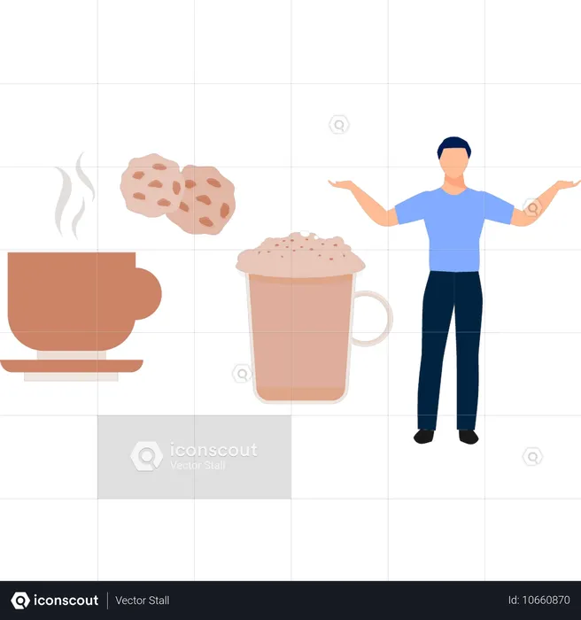 Hombre presentando café y galletas.  Ilustración