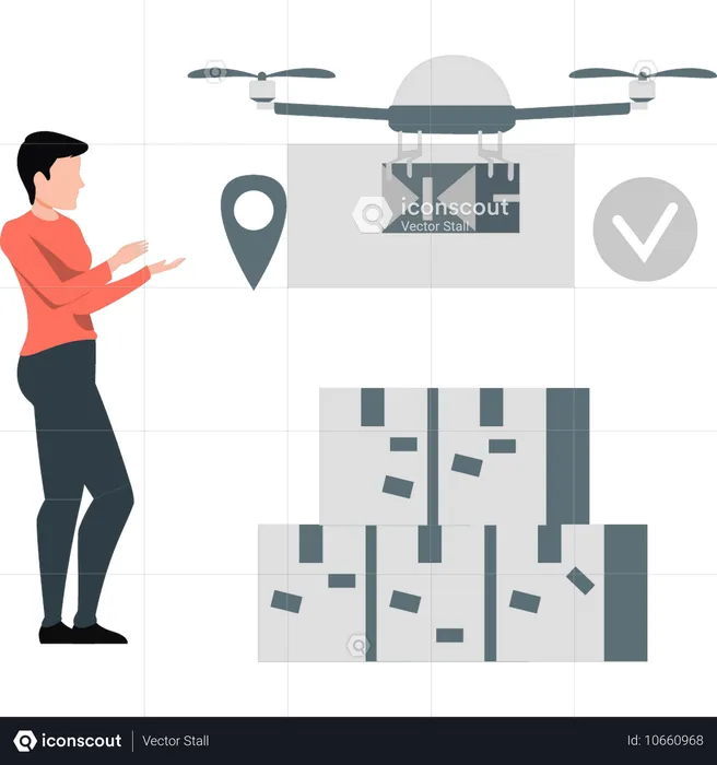 Hombre presentando una pista de entrega con drones  Ilustración