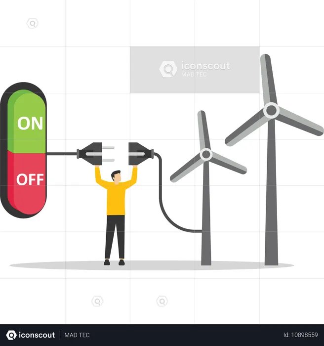 Hombre que utiliza energía eólica para operar un interruptor  Ilustración