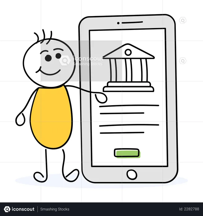Hombre haciendo transacciones mediante banca móvil  Ilustración