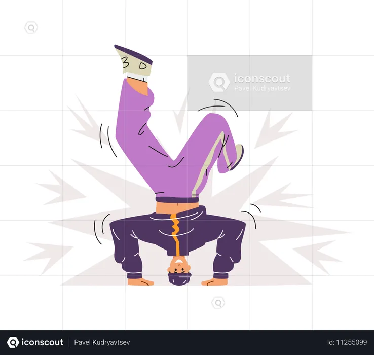 Hombre realizando una pose deportiva de baile callejero con parada de cabeza  Ilustración