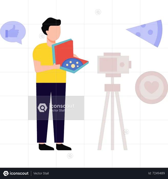 Hombre haciendo videos promocionales de comida.  Ilustración