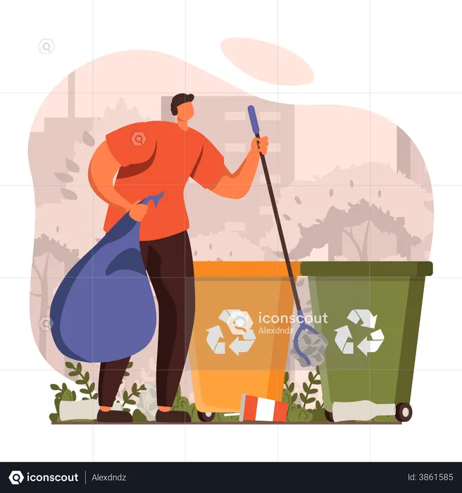 Hombre recogiendo basura usando basurero  Ilustración