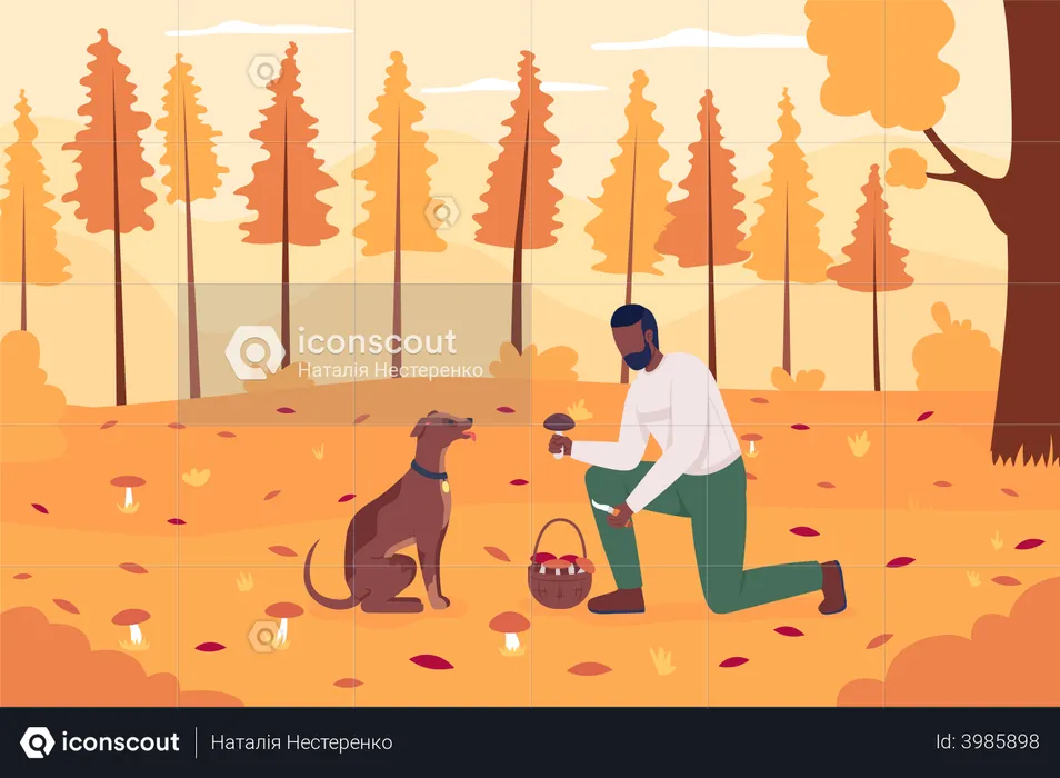 Hombre recogiendo setas con perro  Ilustración