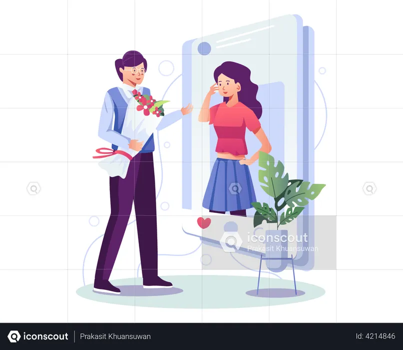 Hombre dando ramo de flores a niña a través de teléfono inteligente  Ilustración