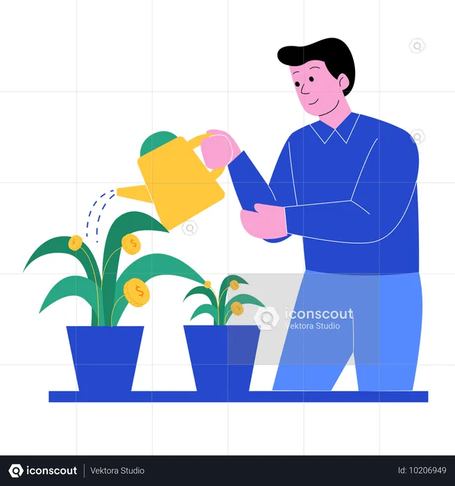 Hombre regando plantas con monedas Crecimiento  Ilustración