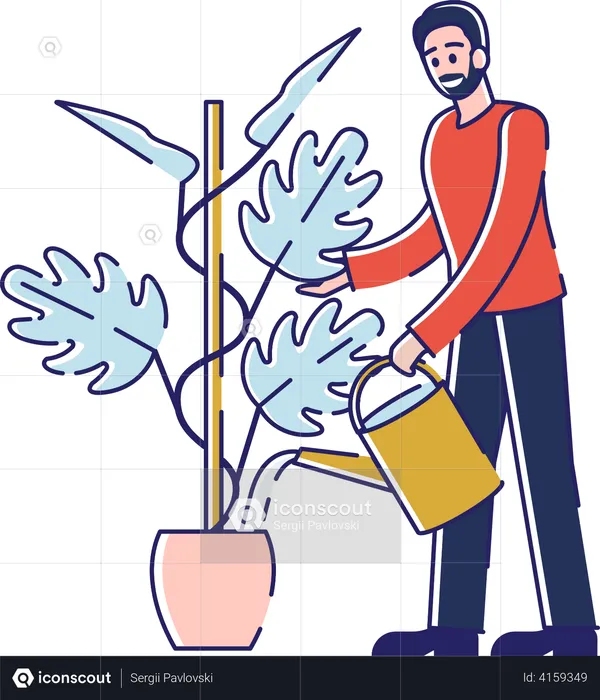 Hombre regando plantas con regadera  Ilustración