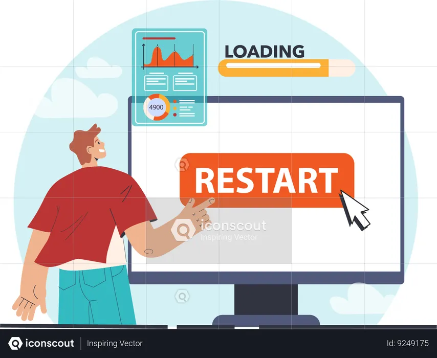 El hombre reinicia el escritorio mientras carga el informe comercial  Ilustración