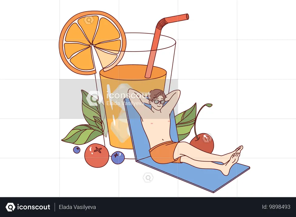 El hombre se relajó en la playa y bebe jugo de naranja de un vaso gigante disfrutando del clima soleado  Ilustración