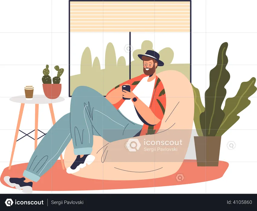 Hombre relajándose en casa con un teléfono inteligente en las manos  Ilustración