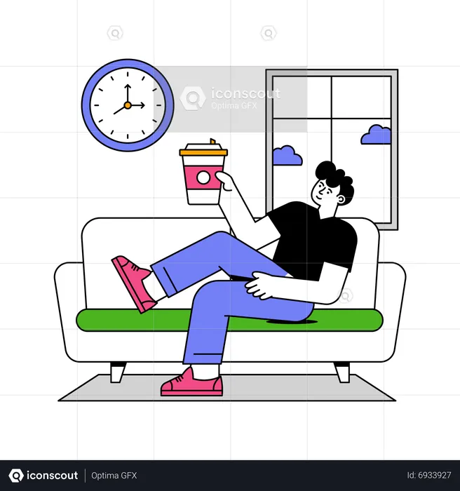 Hombre descansando en el sofá tomando café  Ilustración