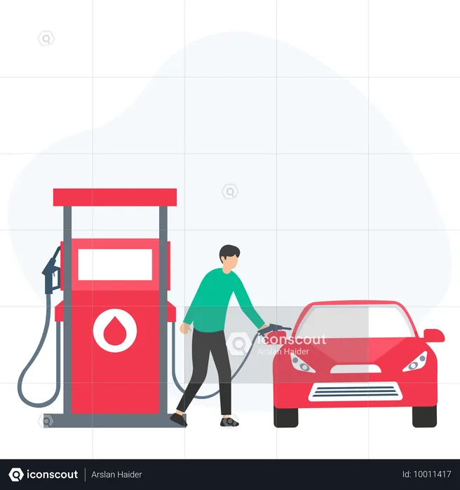 Hombre repostando combustible en gasolinera  Ilustración