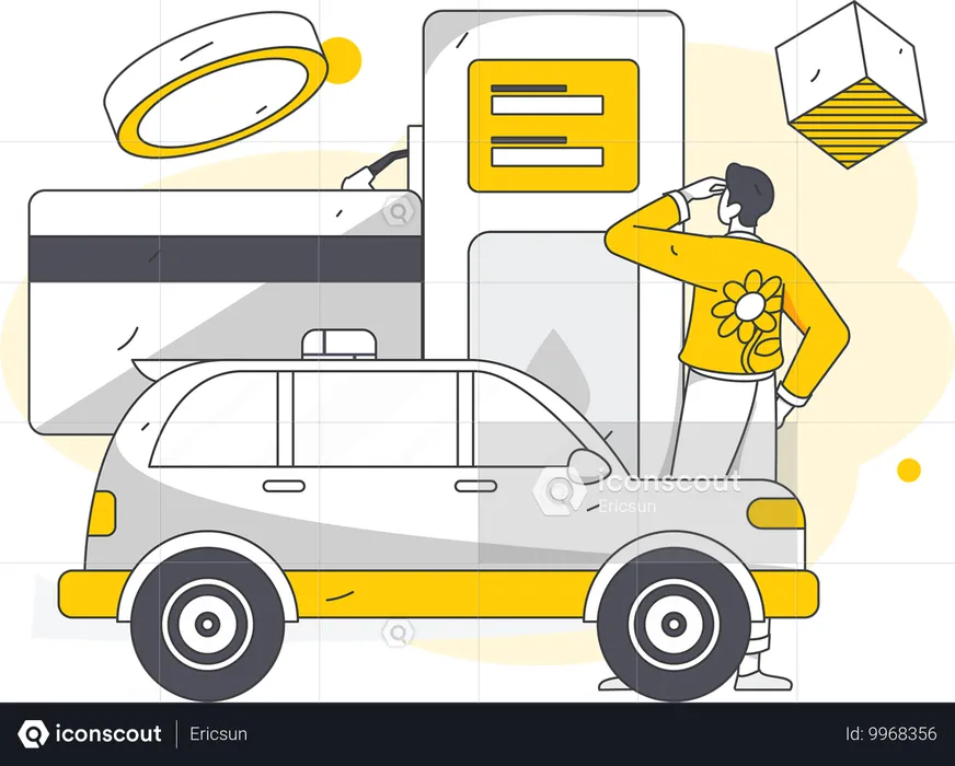 Hombre repostando combustible en gasolinera y pagando con tarjeta  Ilustración