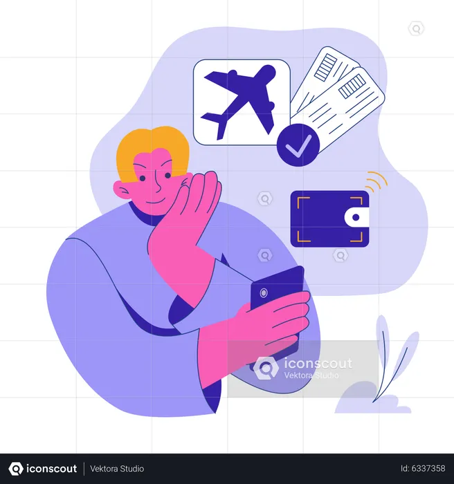 Hombre reservando billete de avión en línea  Ilustración