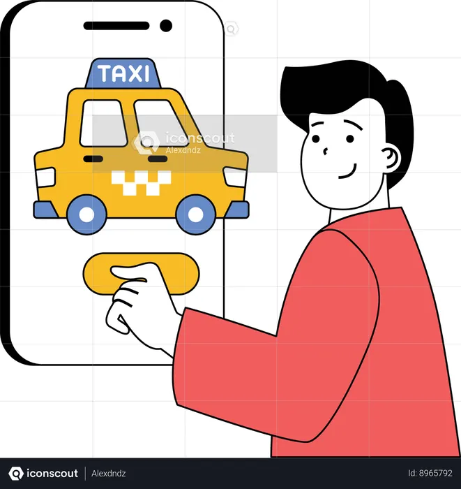 Hombre reservando un taxi en una aplicación móvil  Ilustración