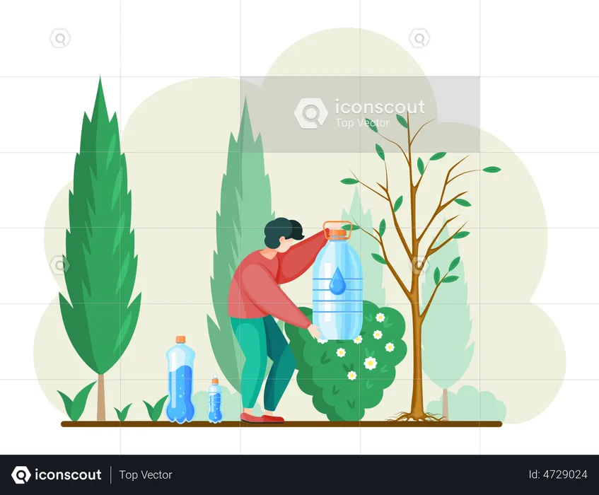 Hombre regando árbol con agua filtrada  Ilustración