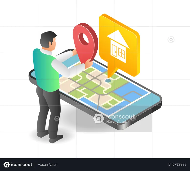 Hombre señalando una aplicación de mapa de ubicación  Ilustración