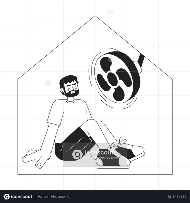 Hombre sentado bajo el ventilador de techo en casa  Ilustración