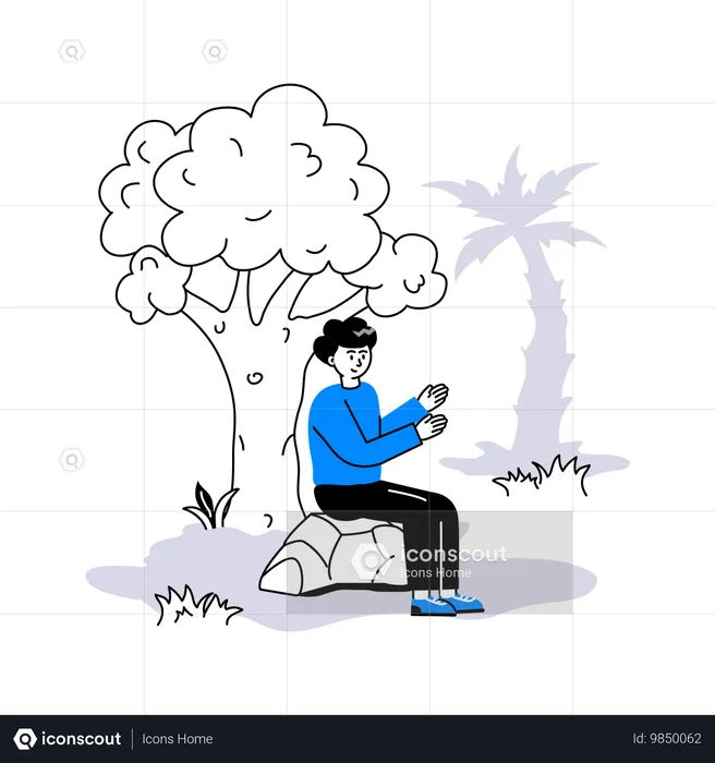 Hombre sentado bajo un árbol en temporada de verano  Ilustración