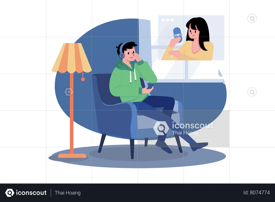 Hombre sentado en el sofá escuchando el podcast  Ilustración