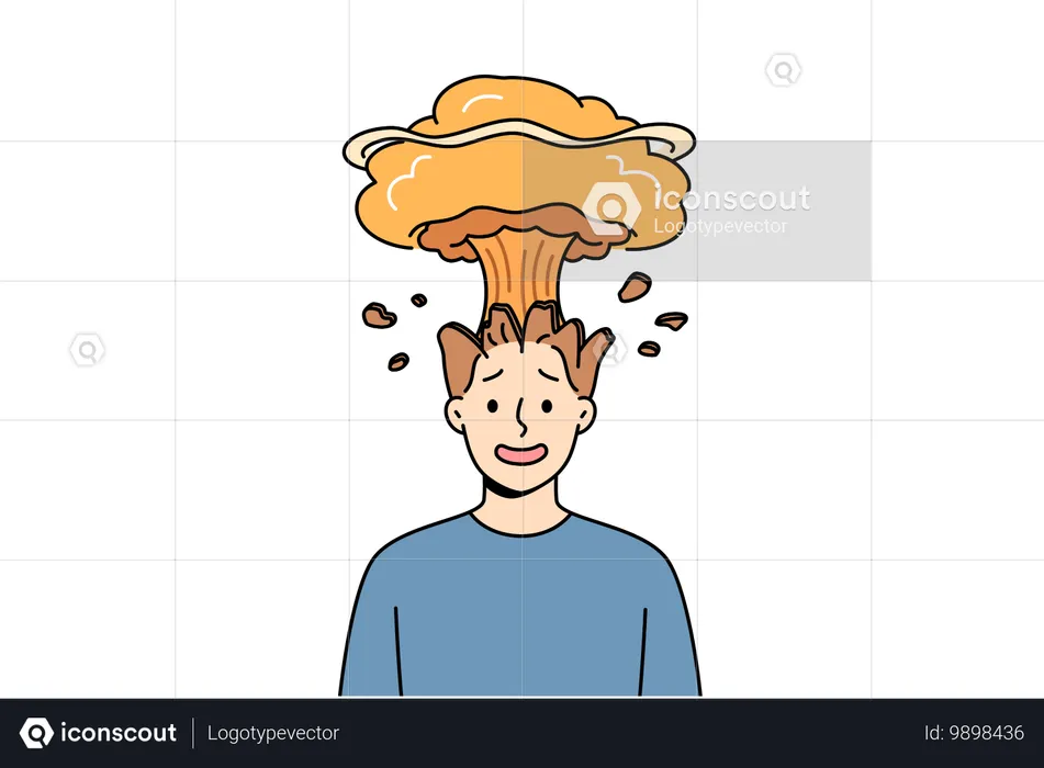 Hombre siente explosión en la cabeza debido a sobrecarga cerebral de datos y falta de higiene de la información  Ilustración