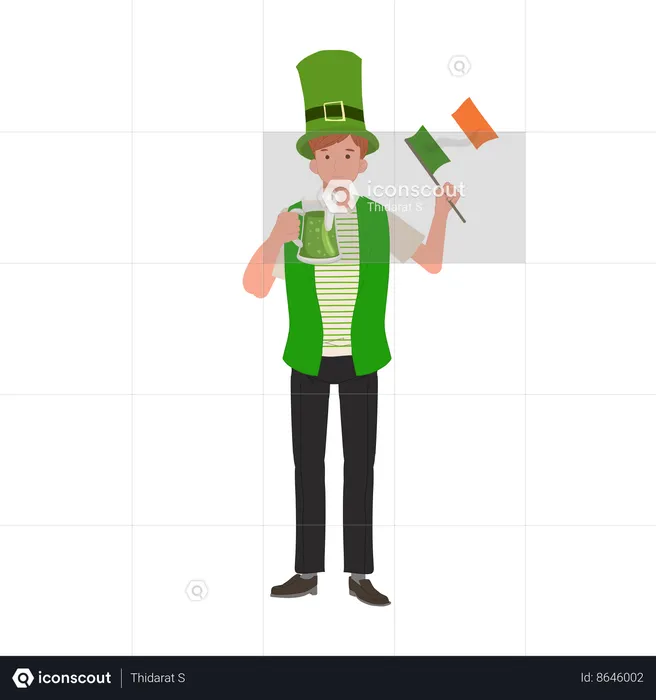 Hombre sonriente con cerveza verde y bandera  Ilustración