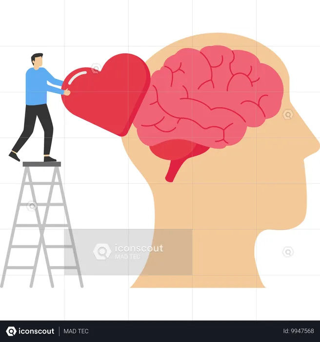 Hombre sosteniendo el corazón mientras pone el corazón en el cerebro humano  Ilustración