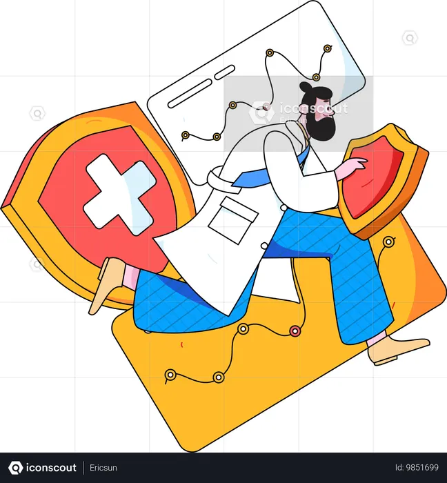 Hombre sujetando escudo médico  Ilustración