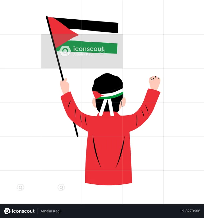 Hombre sujetando la bandera de Palestina  Ilustración