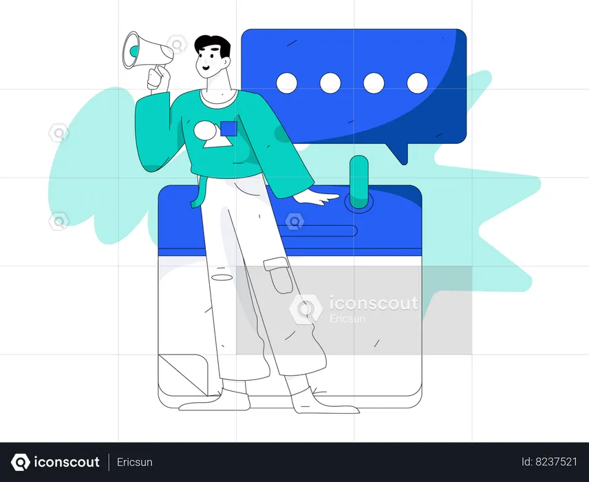 Hombre sosteniendo megáfono y haciendo trabajo de marketing  Ilustración