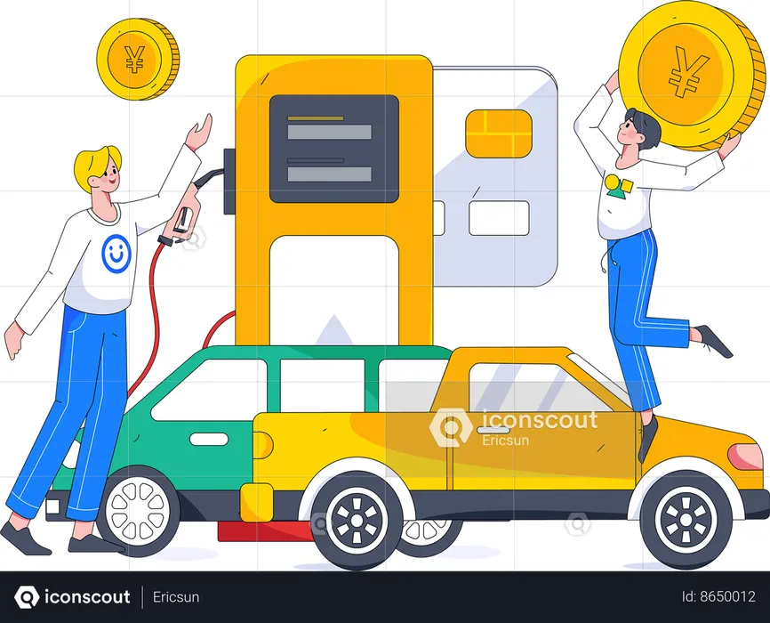 Hombre sujetando moneda yen en la estación de combustible  Ilustración