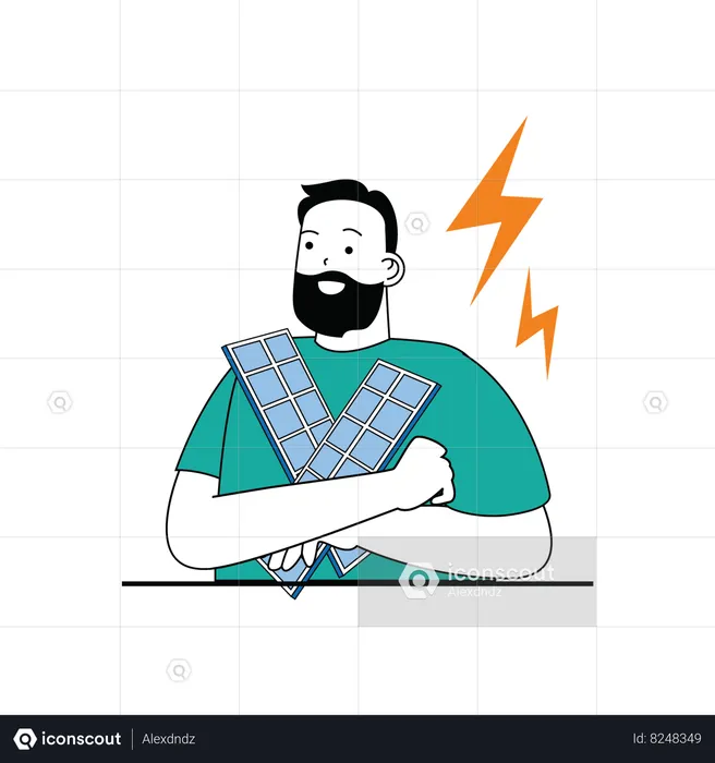 Hombre sujetando el panel solar en sus manos  Ilustración