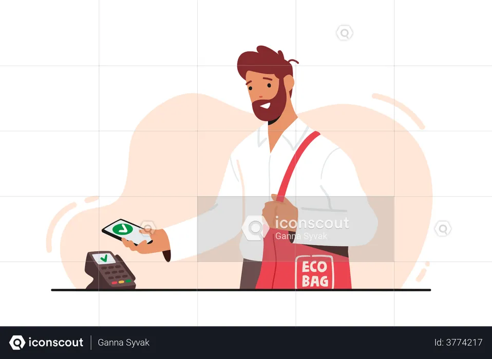 Hombre sosteniendo teléfono inteligente con aplicación para pago en línea  Ilustración