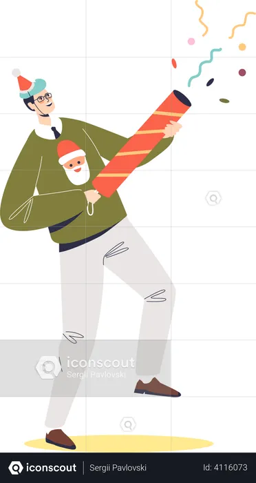 Hombre sujetando cracker en la fiesta de celebración de año nuevo  Ilustración