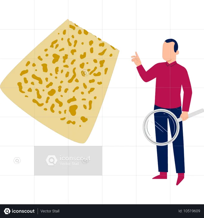 Hombre sosteniendo una lupa para investigar sobre queso  Ilustración