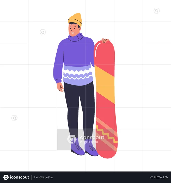 Hombre sujetando tabla de snowboard  Ilustración