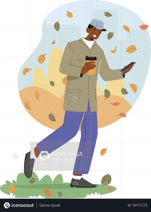 Hombre sosteniendo una taza de café y un teléfono inteligente caminando bajo las hojas que caen en el día de otoño  Ilustración