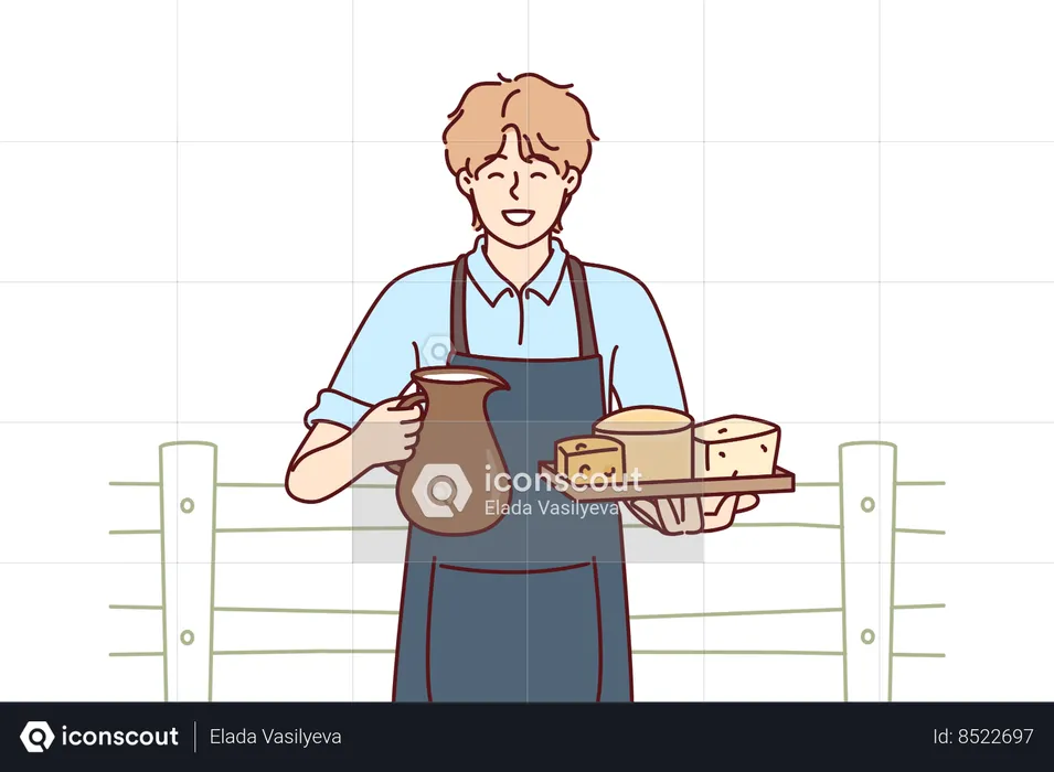 El hombre sostiene una jarra de leche y una bandeja de queso de una granja de vacas que vende sus propios alimentos orgánicos  Ilustración