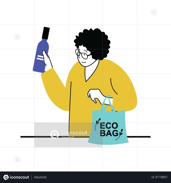 Hombre sujetando botella y bolsa ecológica  Ilustración