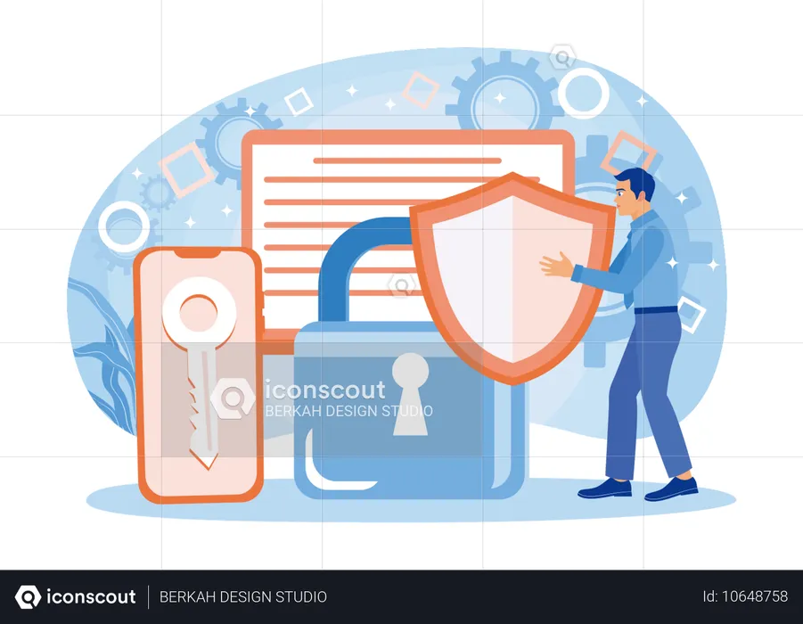 Hombre sosteniendo un escudo mientras controla sistemas de seguridad de datos electrónicos  Ilustración