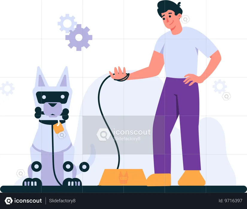 El hombre tiene un perro robot  Ilustración